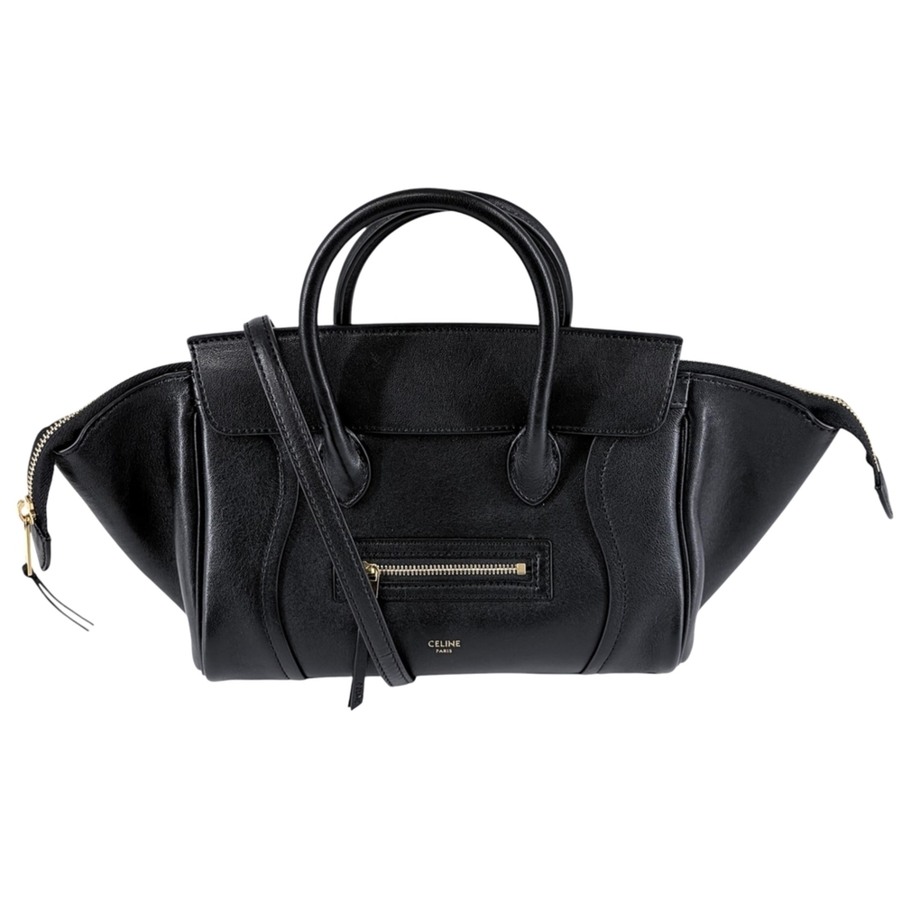 Celine Women's Little Luggage Handbag Shoulder Bag Crossbody Leather Black Go...
